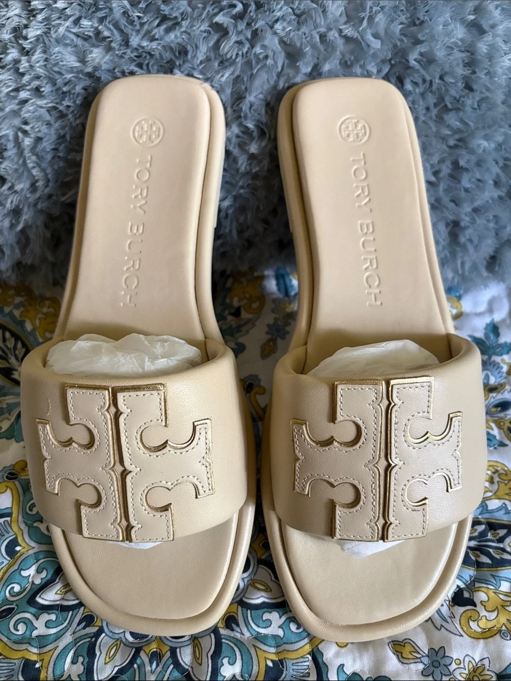Tory Burch Cream Leather Logo Slide Mules